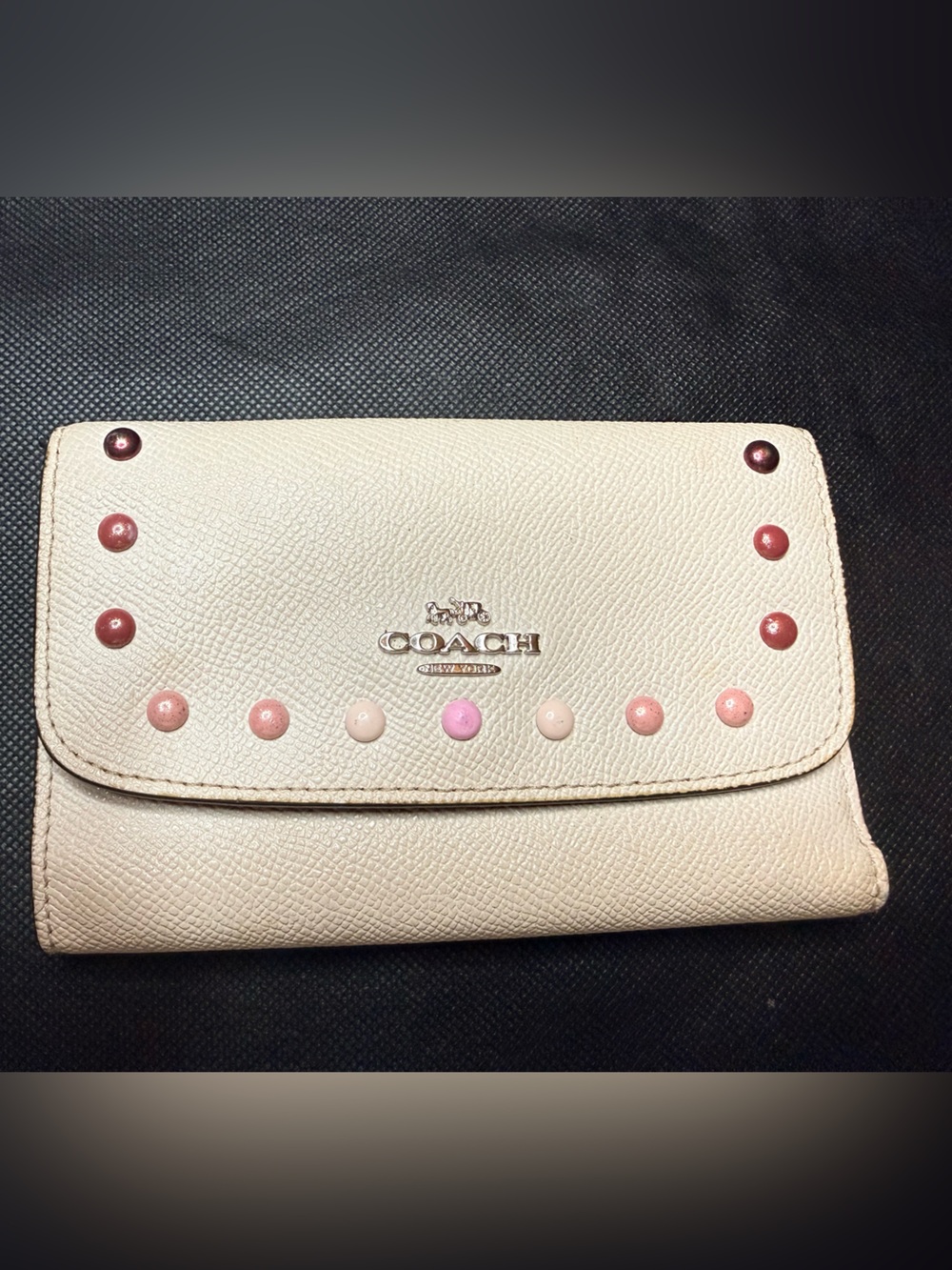 PROJECT- Coach Ivory Saffiano Leather Wallet with Pink Stud Accents